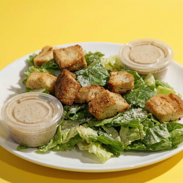 Caesar salad with croutons, parmesan cheese, and two dressing cups on a white plate.