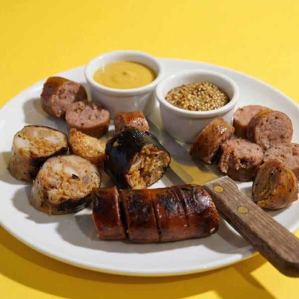 Grilled sausages, some sliced open to show filling, with two small bowls of mustard on a white plate.