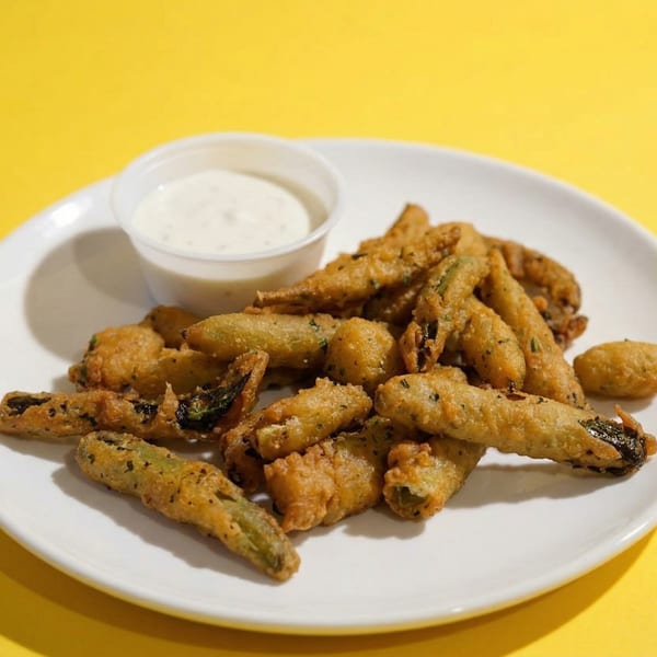 Crispy fried pickle spears and slices with a side of ranch dressing on a white plate.
