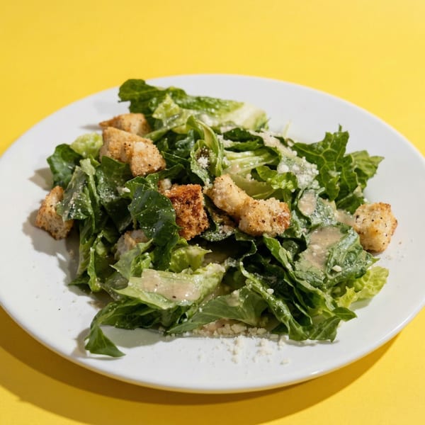 Caesar salad with romaine lettuce, croutons, Parmesan cheese, and dressing on a white plate.