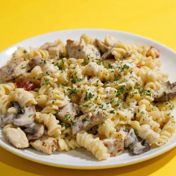 Creamy pasta with chicken, mushrooms, and parsley on a white plate against a yellow background.