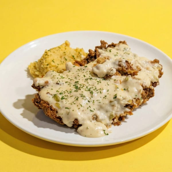 Crispy fried chicken steak covered in creamy gravy with a side of mashed potatoes on a white plate.