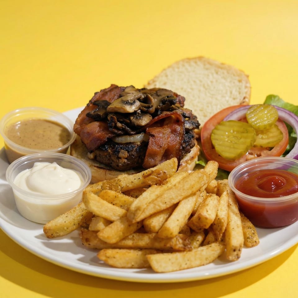 A bacon mushroom burger with fries, ketchup, mayonnaise, and gravy on a white plate.