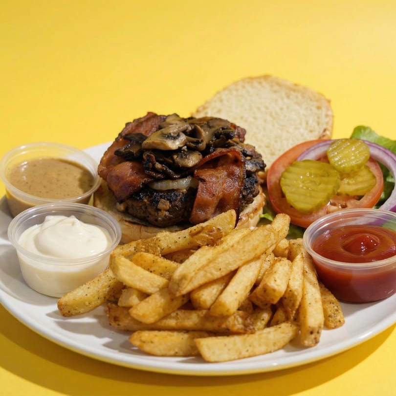 A bacon mushroom burger with fries, ketchup, mayonnaise, and gravy on a white plate.