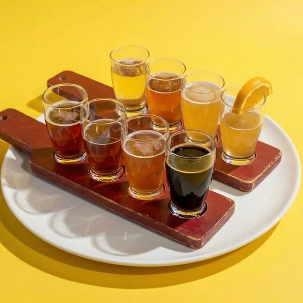 Eight beer samples in small glasses on two wooden paddles, on a white plate.