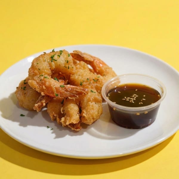 Crispy fried shrimp with parsley flakes on a white plate, served with a side of dark dipping sauce.