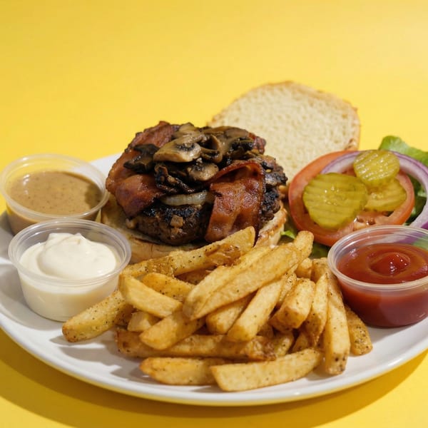 A bacon mushroom burger with fries, ketchup, mayonnaise, and gravy on a white plate.