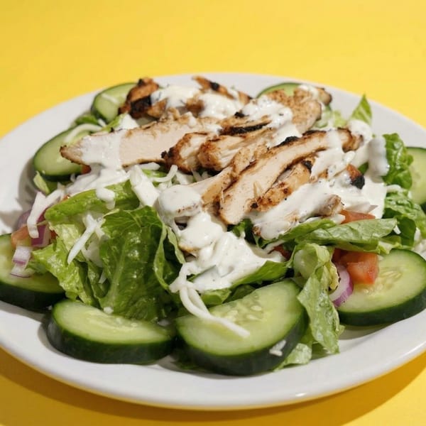Grilled chicken salad with lettuce, cucumbers, tomatoes, red onion, and creamy dressing.